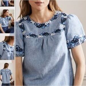 Boden Light Blue Blouse with Floral Embroidery